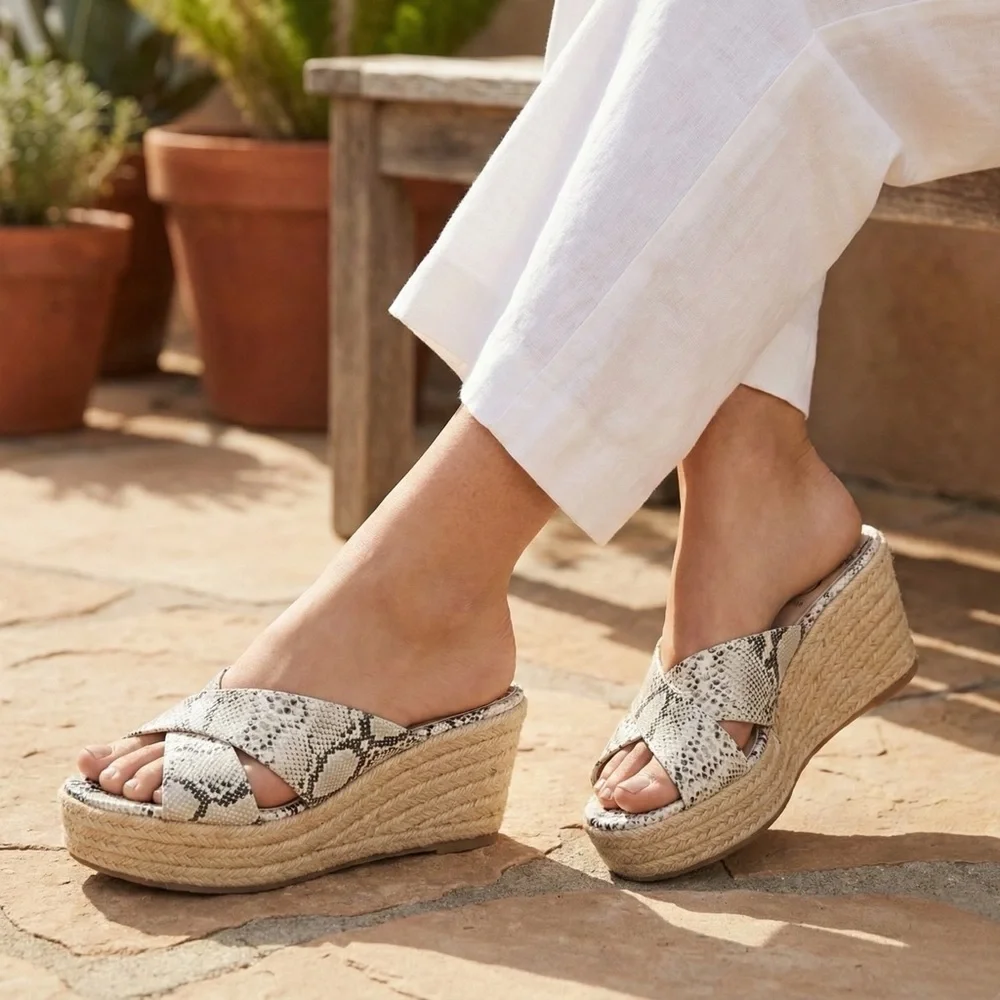 Kelsi Dagger Bianca Snakeskin Criss Cross Espadrille Wedge Sandal Size 8.5